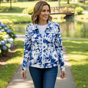 Clara Sunwoo Womens Full Zip Lightweight Jacket Floral Cotton Stretch Blue XL